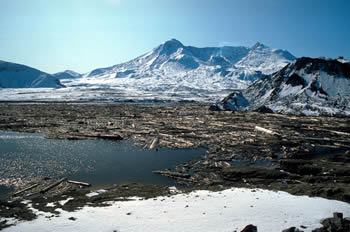 Debris on Spirit Lake with mt St Helens in the background USGS